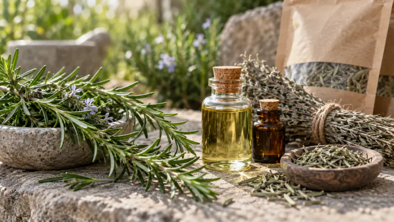 Fresh and dried rosemary with bottles of rosemary oil