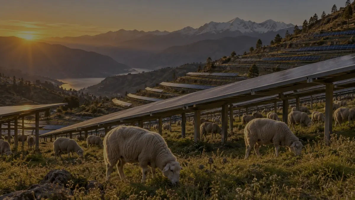 Concept visualisation: sheep grazing beneath elevated solar panels on a Himalayan hillside at sunset