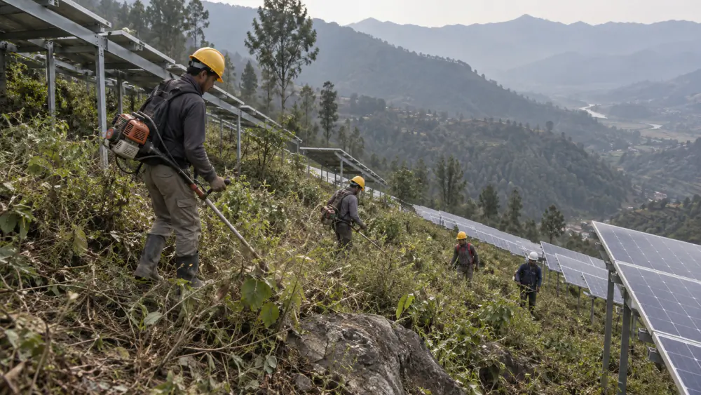 Illustration: workers clearing weeds by hand beneath solar panels on a steep hillside