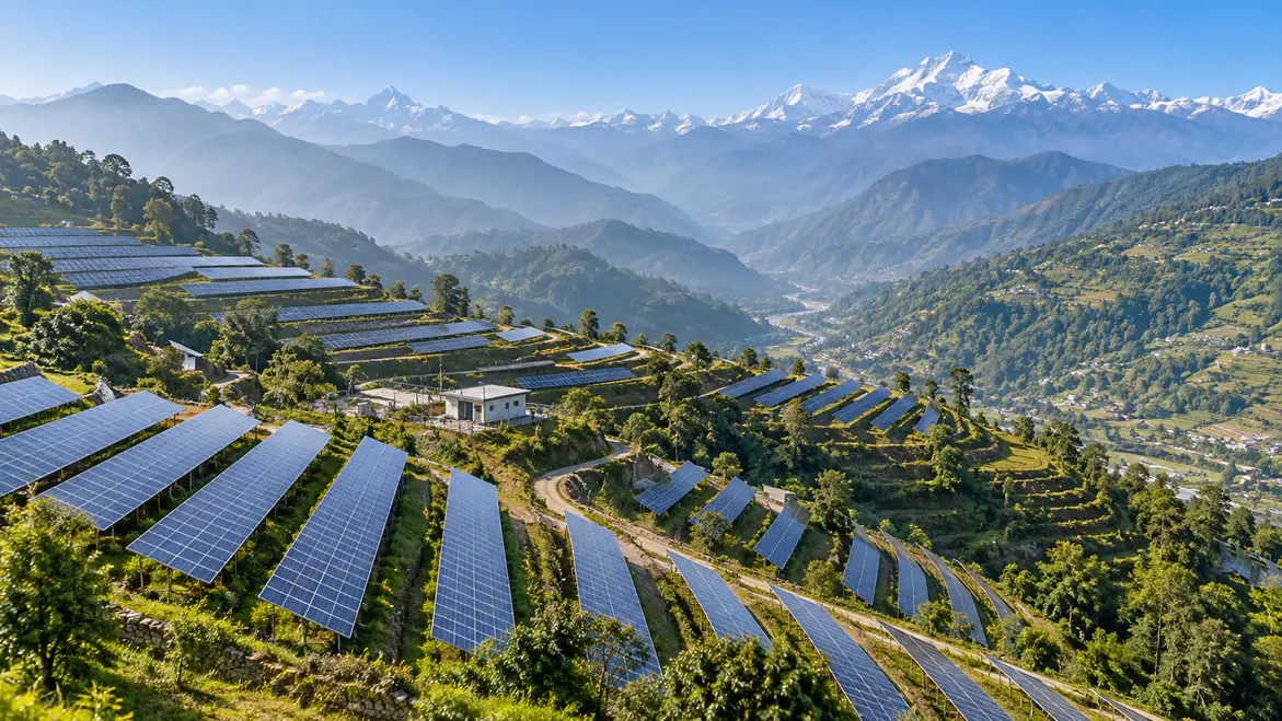 Illustration: terraced solar arrays across Himalayan hillsides