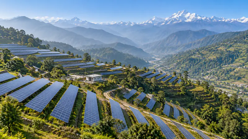 Illustration: terraced solar arrays across Himalayan hillsides