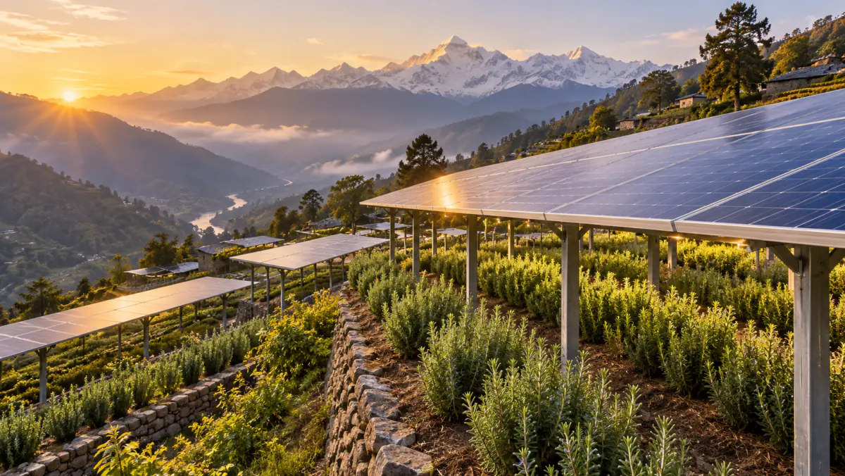 Concept visualisation: rosemary rows beneath elevated solar panels on terraced Himalayan slopes at sunrise